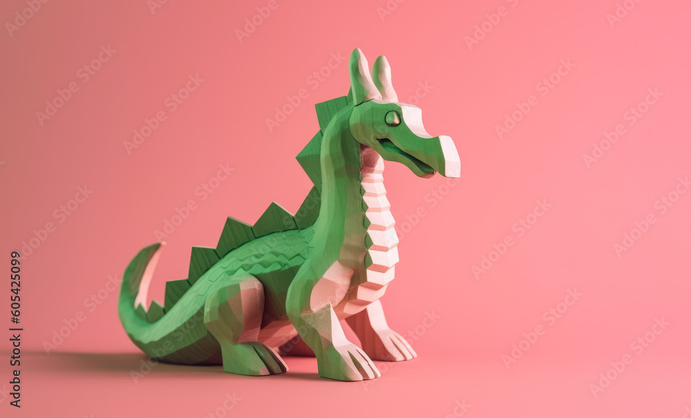 Fototapeta premium Green wooden dragon on blush pink background. Generative AI