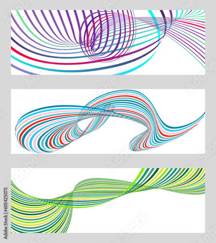 Wavy lines or ribbons. Set of 3 backgrounds. Multicolored striped gradient. Creative unusual background with abstract gradient wave lines to create a trendy banner, poster. vector eps © HALINA YERMAKOVA