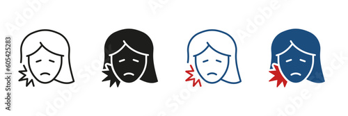 Human Oral Disease, Dentists Medical Treatment. Female Teeth Ache Silhouette and Line Icon Set. Toothache Symbol. Woman with Dental Pain Pictogram Collection. Isolated Vector Illustration