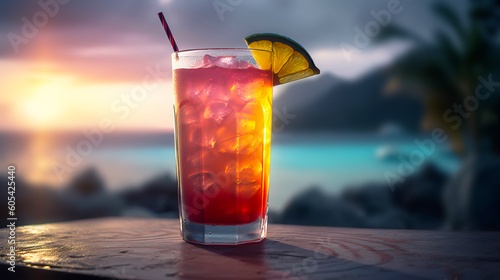 Spritz Cocktail on beautiful tropical sunset scenery background. Generative AI illustration