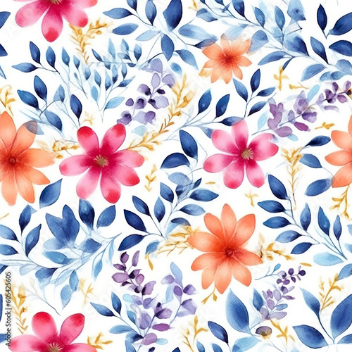 Seamless watercolor flowers pattern. Vibrant summer flowers bouquetes on a white background. Generative AI