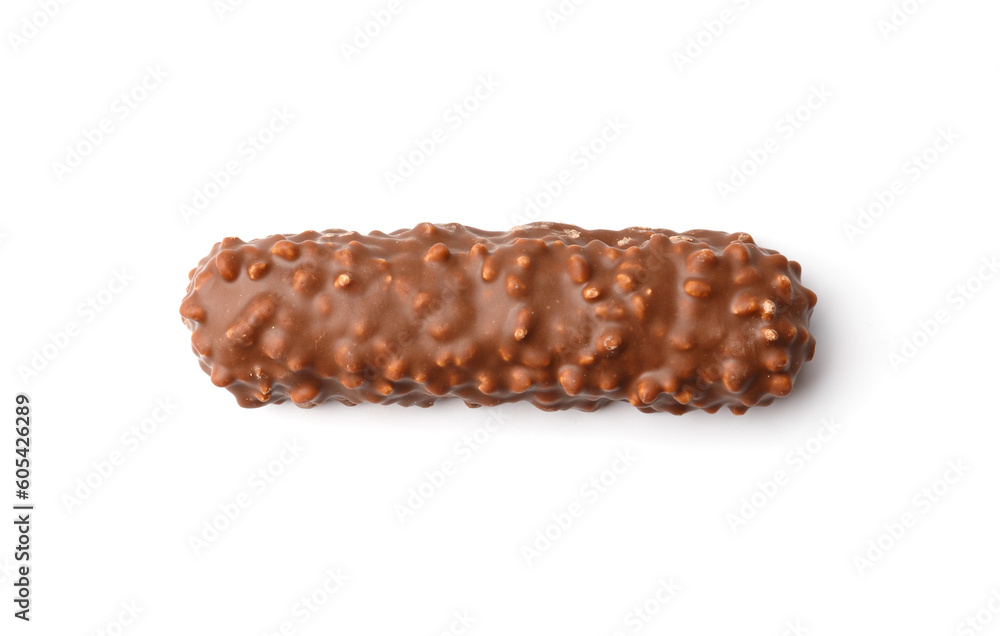 Crispy chocolate bar in milk chocolate isolated on white background top view. Crispy chocolate bar in milk chocolate isolated on white background top view.