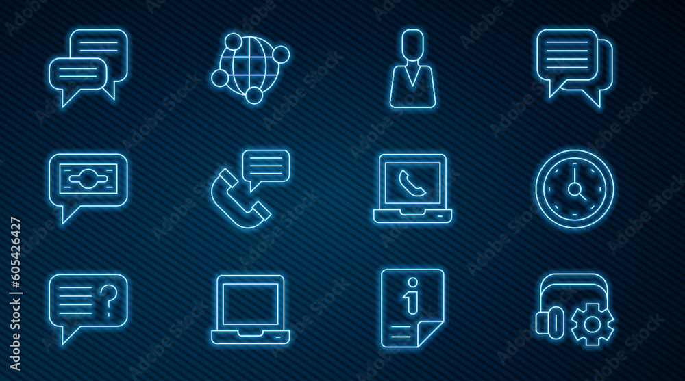 Set line Headphoneswith settings, Clock, Employee, Telephone conversation, Stacks paper money cash, Speech bubble chat, 24 hours support and Global technology icon. Vector Set line Headphoneswith settings, Clock, Employee, Telephone conversation, Stacks paper money cash, Speech bubble chat, 24 hours support and Global technology icon. Vector