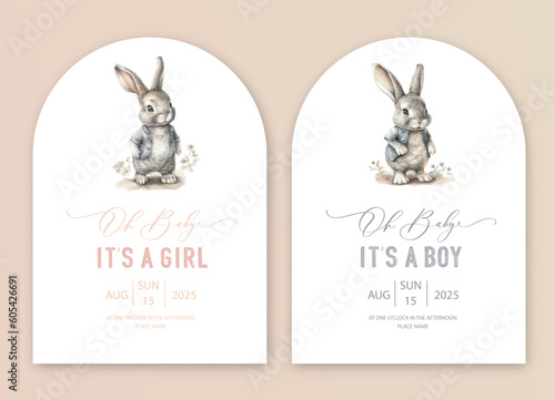 Cute baby shower watercolor invitation card for baby and kids new born celebration. Its a girl, Its a boy card with watercolor bunny.generative ai