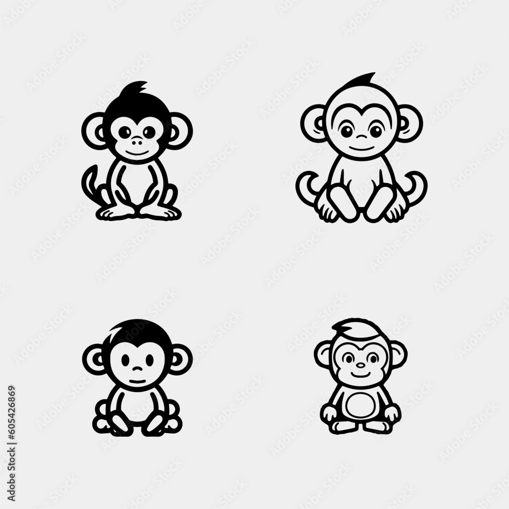 set of Cute baby monkey sitting - isolated on white background set of Cute baby monkey sitting - isolated on white background