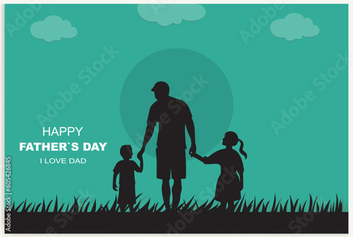 Happy Father's Day and a silhouette of father and children in the background with sun and sky.