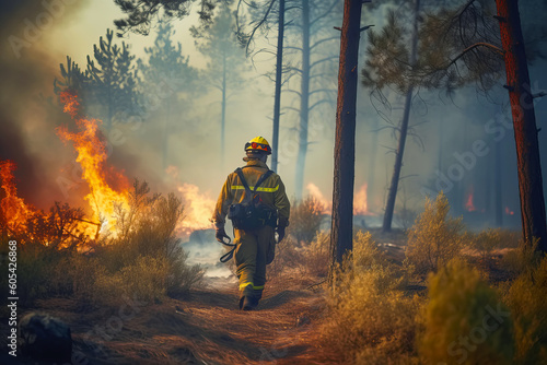 Faceless Firefighter walks through a blazing forest. Generative AI illustration