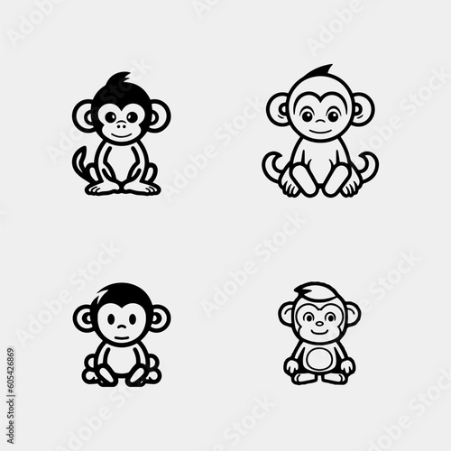 set of Cute baby monkey sitting - isolated on white background