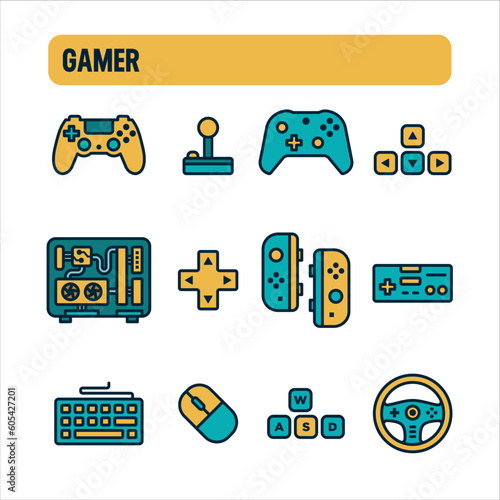 Gamer icons. Gamer and streamer vector set. Color icon design. Controls and peripherals.