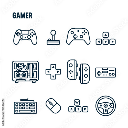 Gamer icons. Gamer and streamer vector set. Linear icon design. Controls and peripherals.
