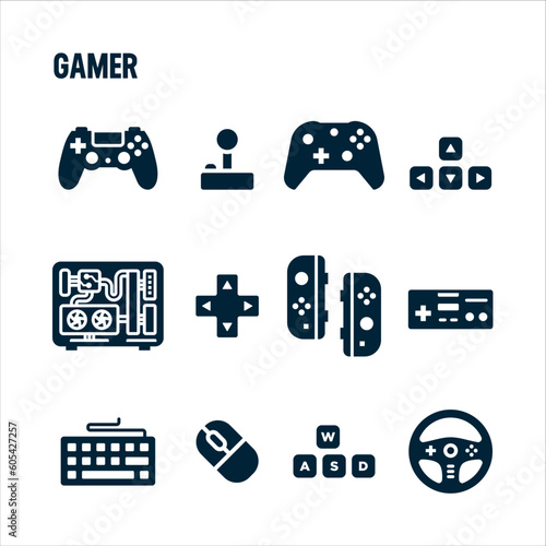 Gamer icons. Gamer and streamer vector set. Filled icon design. Controls and peripherals.