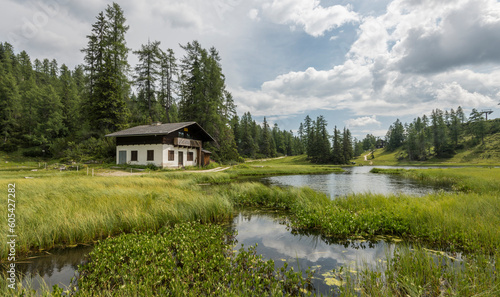 Fototapeta Naklejka Na Ścianę i Meble -  Beautiful alpine summer view with an Austrian mountain hut on the shores of a smal lake in the Alps. Surrounded by pine trees and waterplants. water in the foreground. Travel, hike, hiking, trekking