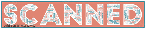 SCANNED text filled with related keywords of various sizes. Scanned word cloud. Radiant vector illustration.