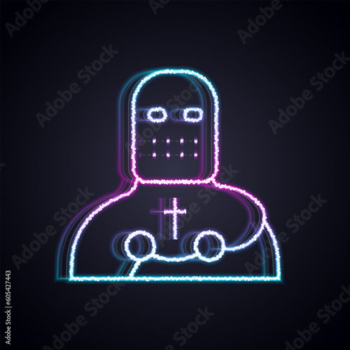 Glowing neon line Knight crusader icon isolated on black background. Vector