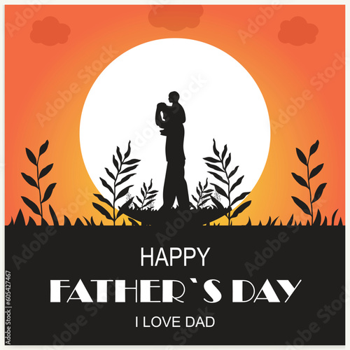 Happy Father's Day and a silhouette of father and children in the background with sun and sky. © mim art