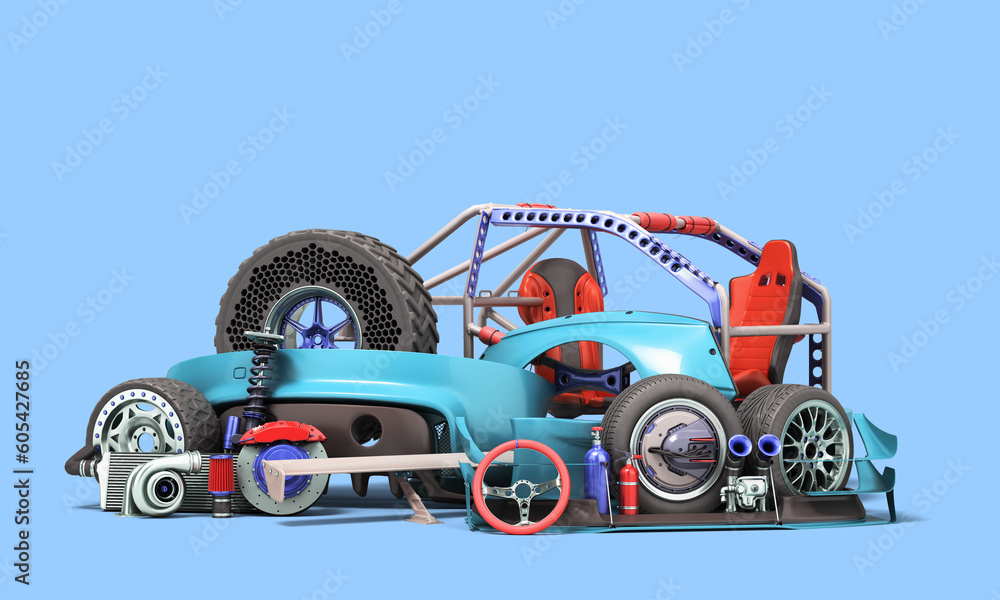 Set of custom spare parts for tuning the body and internal components 3d renyer on blue