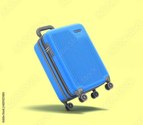 Large plastic travel suitcase with a combination lock and wheels 3d render on yellow