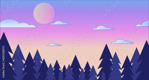 Dusk forest skyline lo fi chill wallpaper. Twilight sky stars. Sunset beauty in nature 2D vector cartoon landscape illustration, vaporwave background. 80s retro album art, synthwave aesthetics