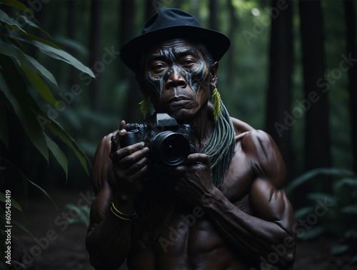 an amazon native taking pictures