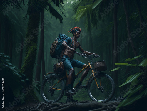 an amazon native riding a bike