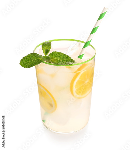 Glass with fresh lemonade on white background