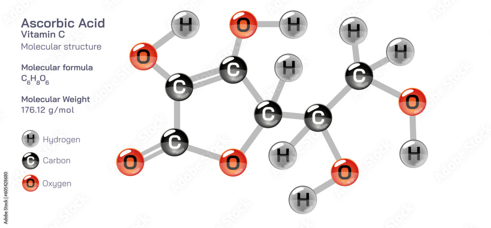 Ascorbic acid molecular structure formula. Periodic table structural molecular formula Vector design. Pharmaceutical compounds and composition. Easyprintable product with correct CPK colour. vitamin c