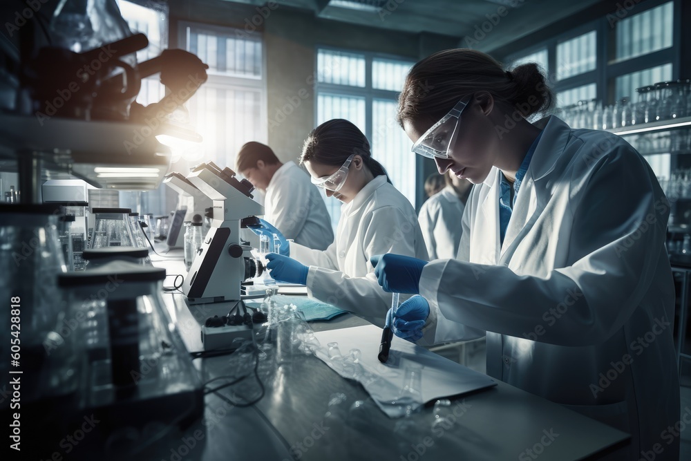 Team of scientists working in a laboratory, carefully conducting experiments and analyzing data. Generative AI