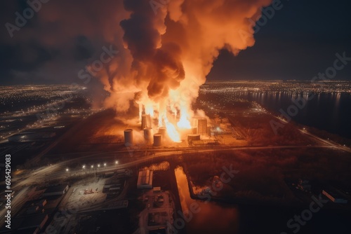 Aerial view of Big explosion and fire on power plant. Generative AI © YouraPechkin