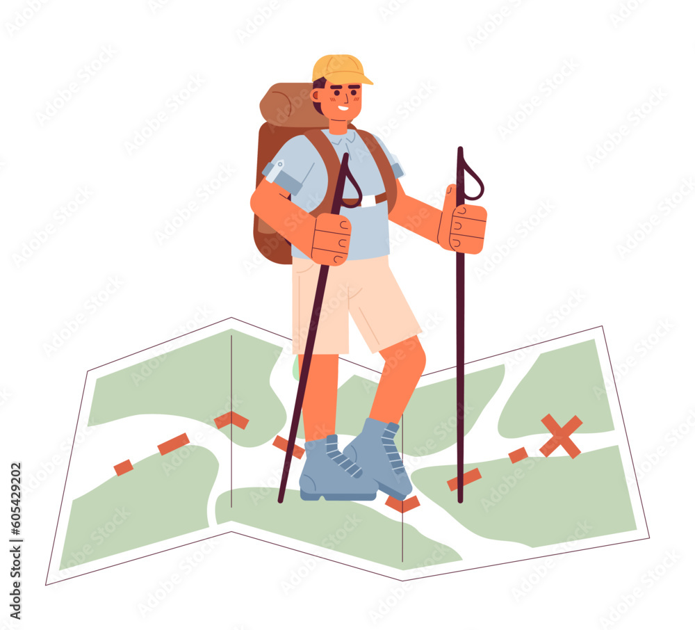 Adventure travel conceptual hero image. Backpacker trekking across map 2D cartoon character on white background. Wilderness backpacking isolated concept illustration. Vector art for web design ui