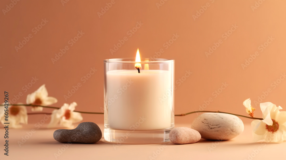 Vanilla burning candle on beige background. Warm aesthetic composition with stones and flowers. Home comfort, Spa, Relax, Aromatherapy. Generative AI