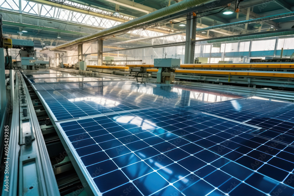 Glossy solar panel being produced at factory, photovoltaic power cells manufacturing as imagined by Generative AI