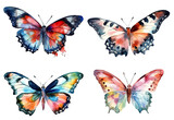 Watercolor set of colorful butterflies with beautiful wings isolated on clear png background, insect collection for mock up, with Generative Ai.