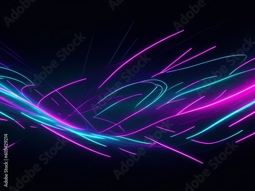 dynamic light trails, neon coloured, purple and cyan moving speed lines. Data transfer and telecommunications tenchnology. Abstract wallpaper