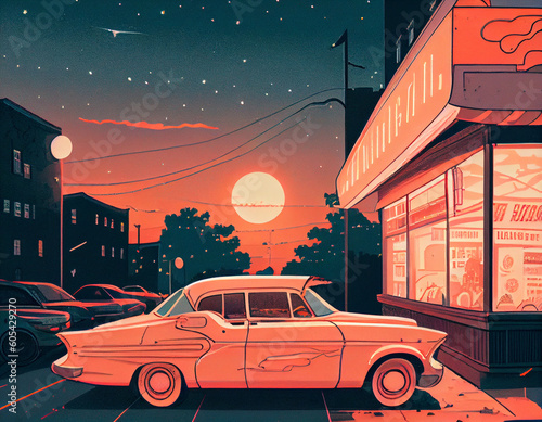 Vintage Chrome Car Parks in Neon Roadstop Diner at Dusk