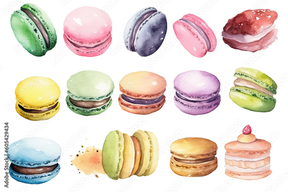 Fototapeta premium Watercolor bakery macaron or macaroon cake isolated on clear png background, various breads in cafe shop, Delicious buns, pancake, and others baked, with Generative Ai.