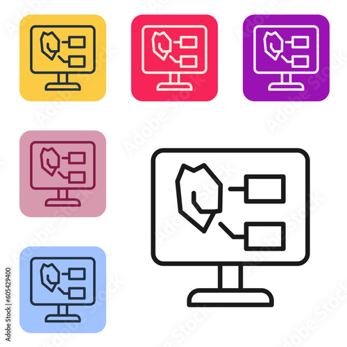 Black line Agricultural soil test and results icon isolated on white background. Digital soil analysis. Set icons in color square buttons. Vector