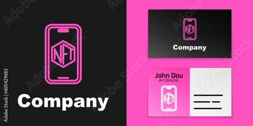 Pink line Mobile with art store app icon isolated on black background. Technology of selling NFT tokens for cryptocurrency. Non fungible token. Logo design template element. Vector