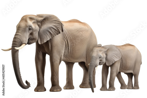 Elephants family isolated on white background  Animal wildlife habitat in the nature forest  beautiful of life  massive body part  largest mammal  with Generative AI.