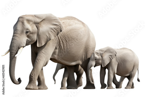 Elephants family isolated on white background, Animal wildlife habitat in the nature forest, beautiful of life, massive body part, largest mammal, with Generative AI.