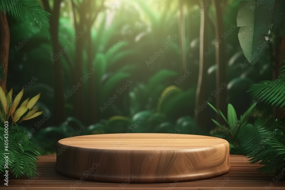 Beauty, fashion, make-up, product concept. Minimalistic product placement wooden podium in tropical forest background . Minimalistic and futuristic looking style. Generative AI