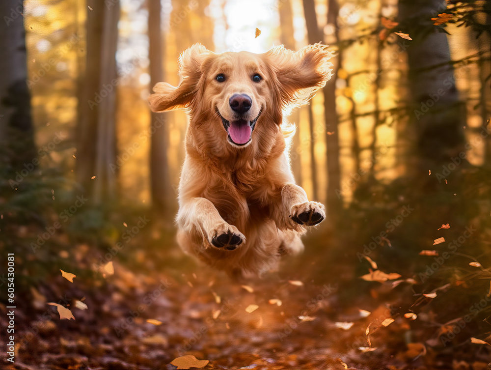 Golden retriever dog jumping through autumn leaves Golden retriever dog jumping through autumn leaves