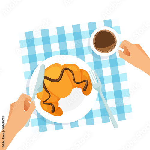 Delicious breakfast on a plate top view. Croissant with chocolate and coffee. Table with tablecloth. Hands is holding fork and knife. Vector.