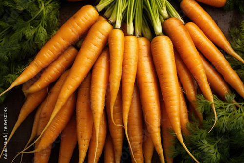 Bunches of colorful orange carrots with green tops. Generative AI