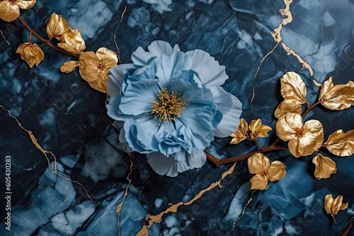 The marble texture in blue and gold colors with golden flowers. Luxurious design. Generative AI