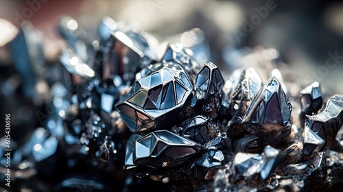 Macro shot of a bright and shiny metallic gray sparkling Hematite mineral. blurred background. Generative ai