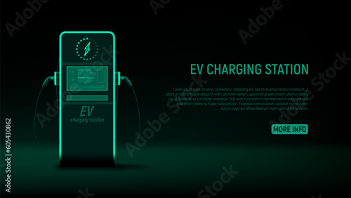 EV charging station concept. Vector illustration with green glowing electric charging station for EV cars. Eco-friendly energy concept.