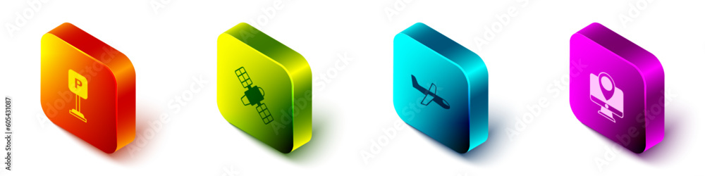 Set Isometric Parking, Satellite, Plane and Monitor with location marker icon. Vector