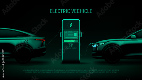 EV cars at charging station. Vector illustration with green silhouette of electric cars and charging station. Eco-friendly sustainable energy concept. Banner with modern hybrid auto.