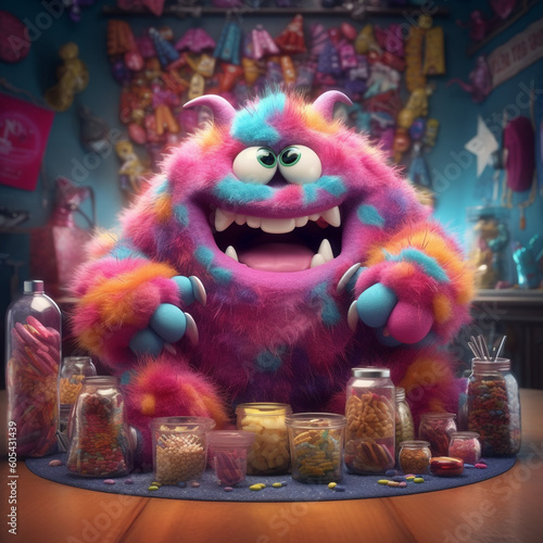 A close up view of bright and colourful smiling monsters made out of candy © Kendal