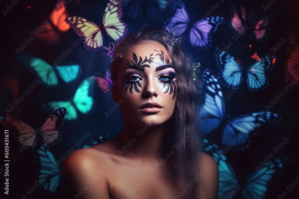 Sensual woman with body art and colored butterflies. Generative AI Sensual woman with body art and colored butterflies. Generative AI